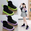 SL16 Girls Fly Knitting Shoes Cushioning Rubber Sole Fashion Trend Children Casual Footwear Little Girls Chunky Shoes Kids Boots